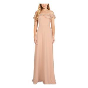 ADRIANNA PAPELL Womens Beige Off Shoulder Full-Length Sheath Prom Dress 2